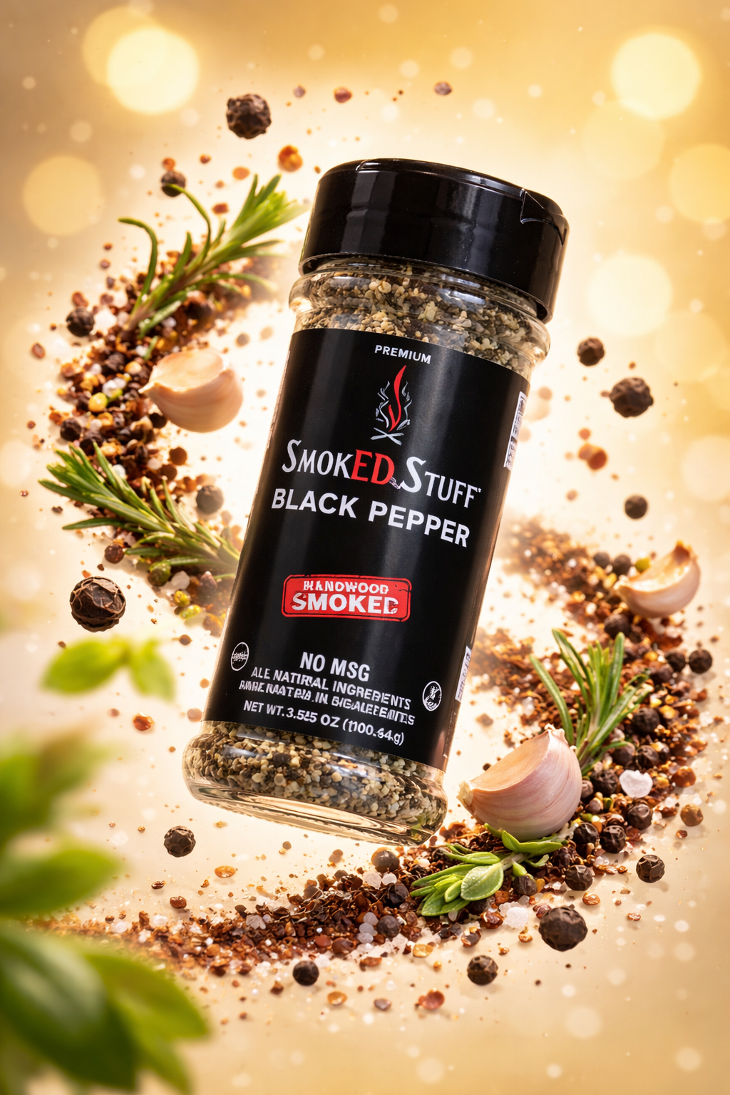 SmokED Stuff Smoked Black Pepper shaker with swirling spice cloud