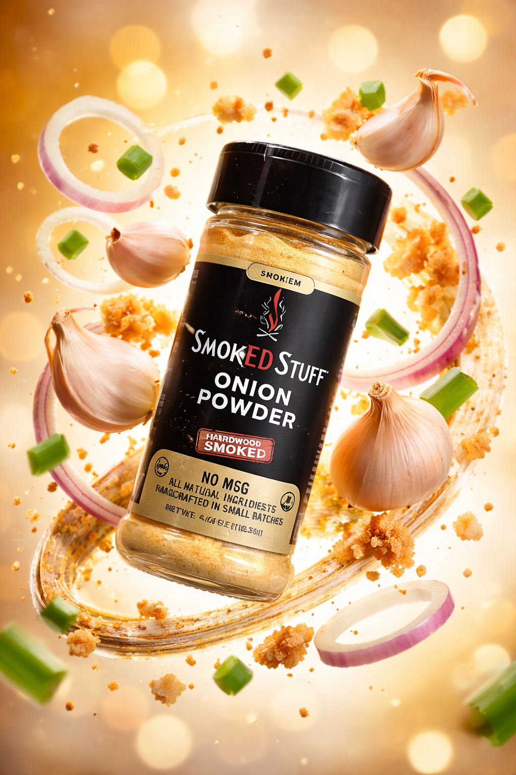 SmokED Stuff Smoke Flavored Onion Powder large shaker with swirling spice cloud