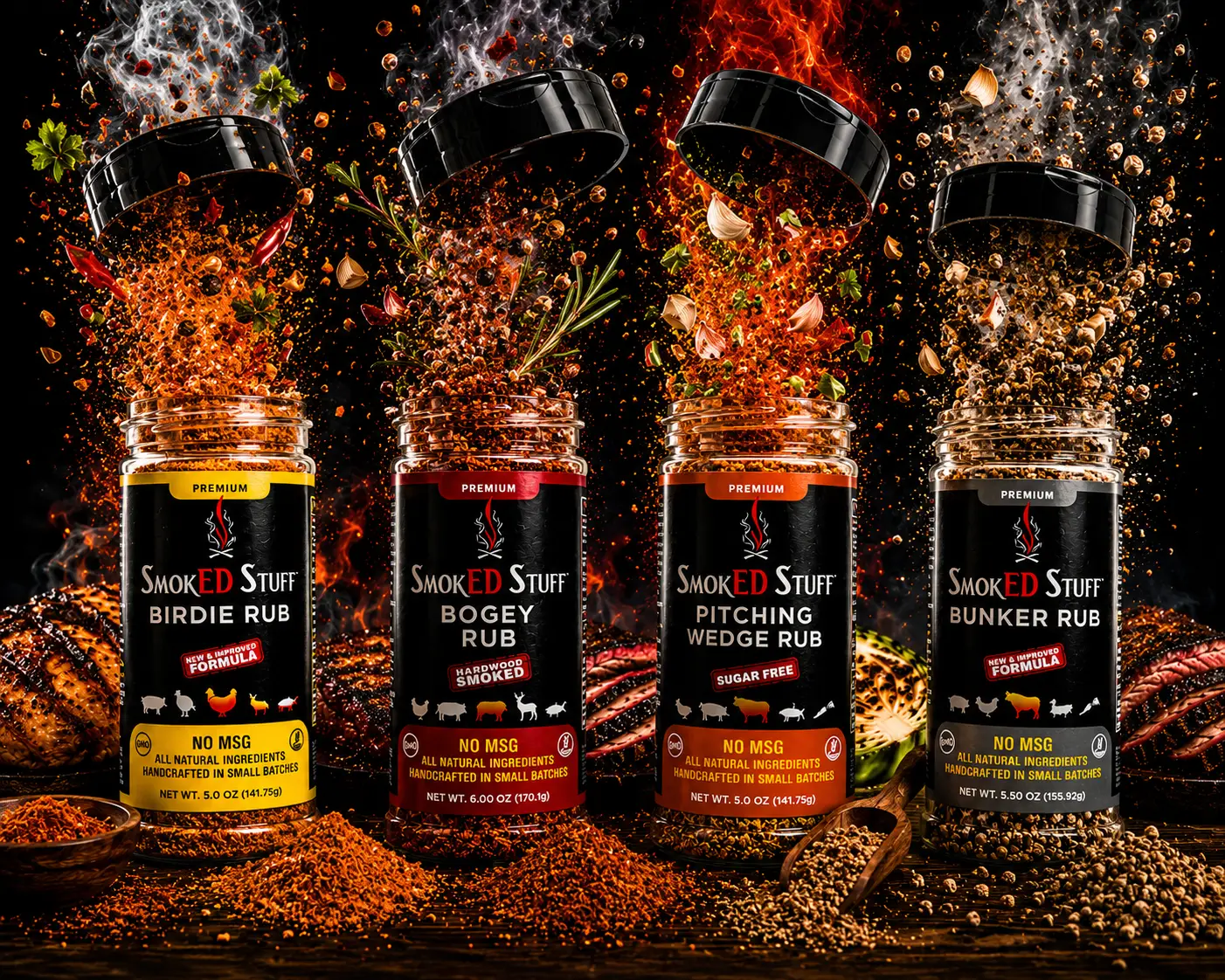 SmokED Stuff BBQ rub gift set – multiple seasoning jars displayed without lids