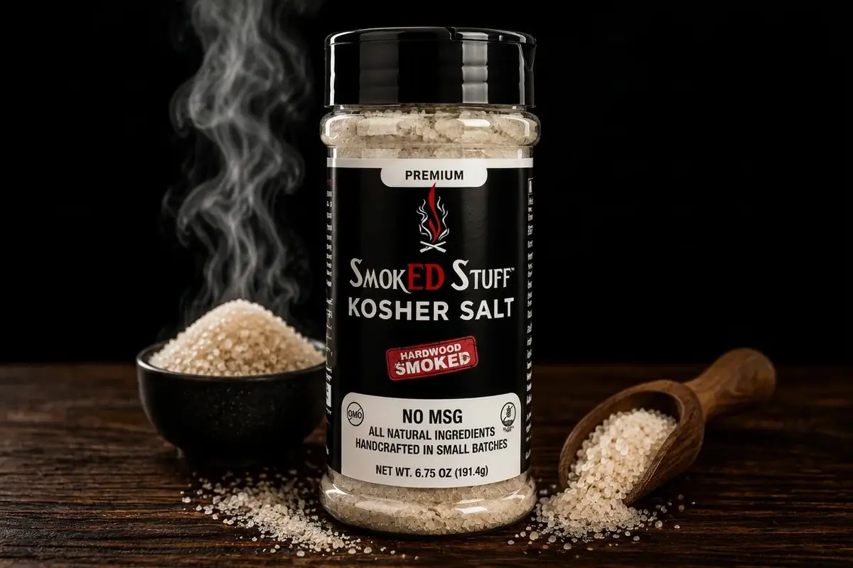 Smoked Stuff kosher salt jar beside spilled salt and a bowl of salt on a wooden surface.
